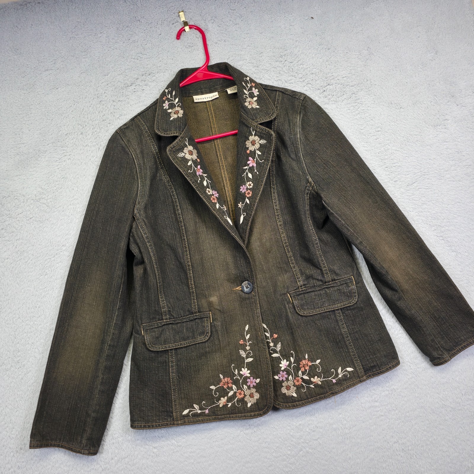 Apostrophe Denim Jacket Women 12p Distressed Y2k Boho Western Cottagecore Floral